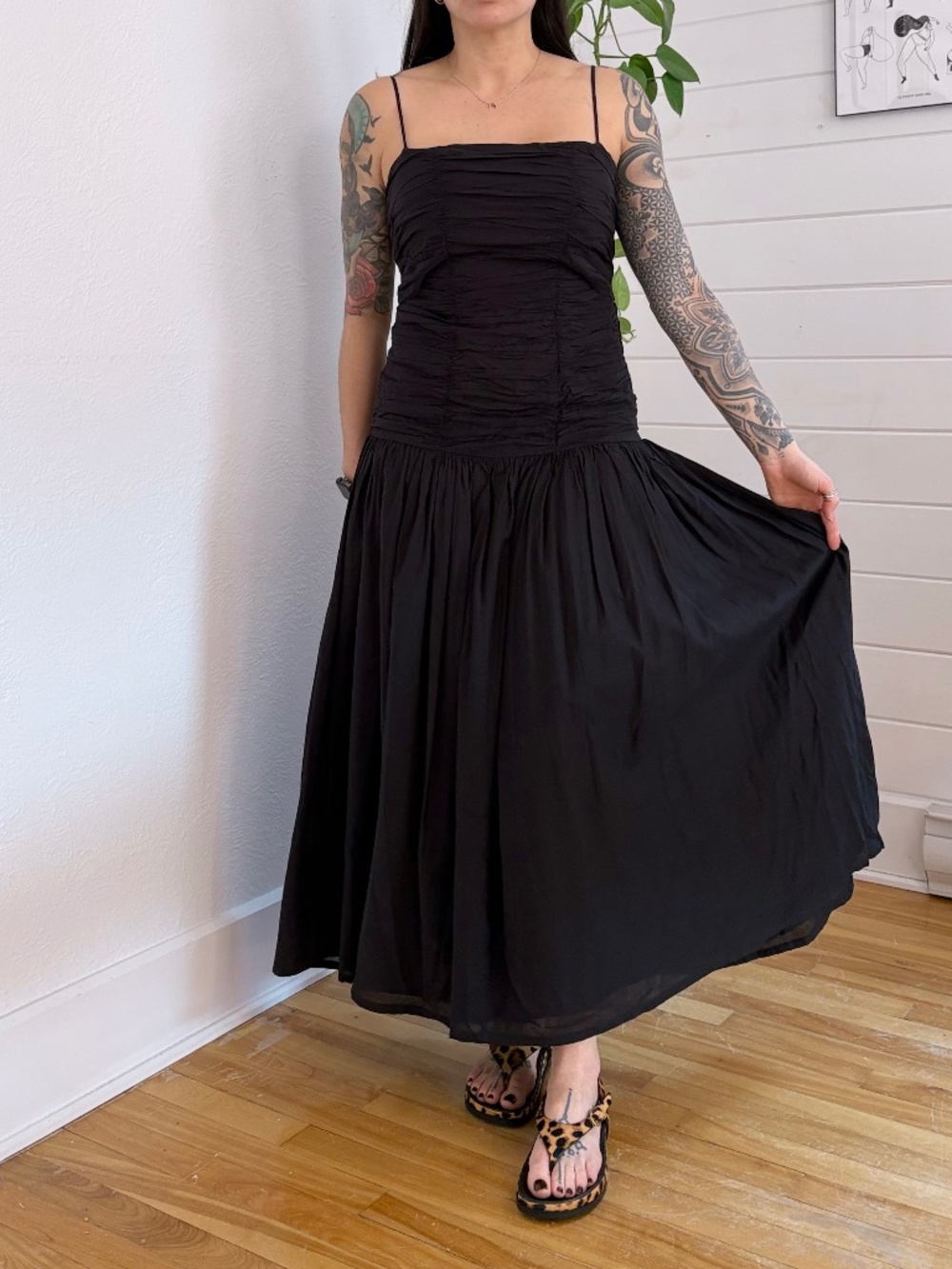 POSSÉ square neckline ruched cut out dress